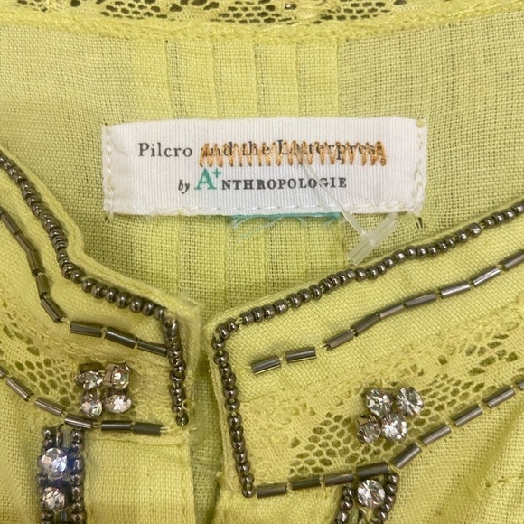 Anthropologie Pilcro Nayeli beaded rhinestone lace linen chartreuse shirt 1x - Picture 12 of 15
